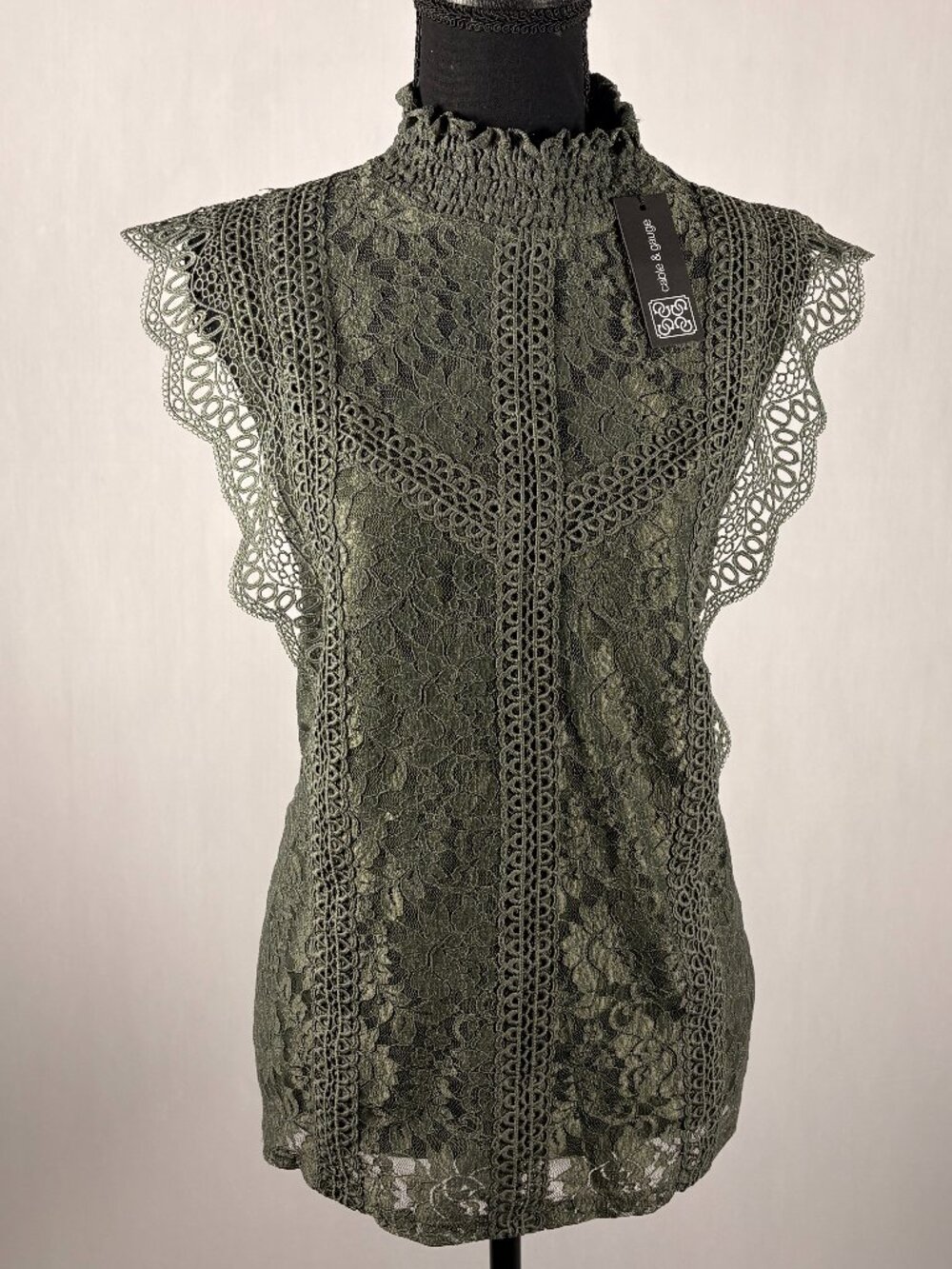 Cable & Gauge Olive Lace Mock Neck Blouse • Crochet Trim • Size L (NWT)